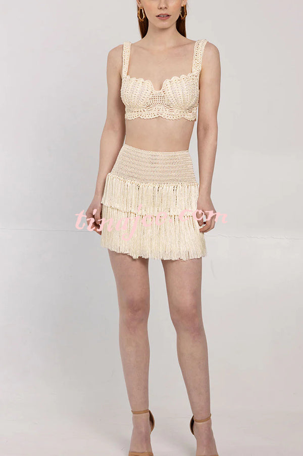 Resort Style Solid Knit Camisole Top and Fringed Cutout Mini Skirt Set