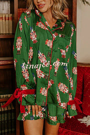 Christmas Dreaming Satin Nutcrackers Print Velvet Trim Elastic Waist Pocketed Pajama Shorts Set