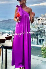 Beach Party Satin One Shoulder Bow Detail Loose Maxi Dress