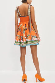 Linen Blend Unique Print Suspender Tie Casual Mini Dress
