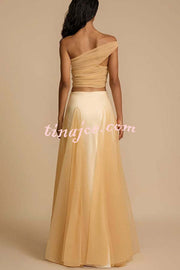 Romance Factor Satin Patchwork Tulle High Rise Elastic Waist A-line Maxi Skirt