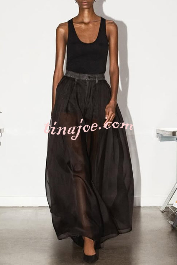 Avant-garde Fashion Denim Flowing Organza Patchwork Pocketed Wide Leg Jeans