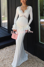 Fashion Lace Splicing Sexy V-neck Long-sleeved Slim Maxi Dress
