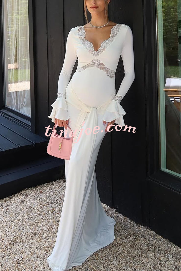 Fashion Lace Splicing Sexy V-neck Long-sleeved Slim Maxi Dress