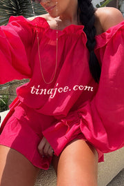Arnell Linen Blend Off Shoulder Balloon Sleeve Shirt and Elastic Waist Layered Shorts Set