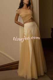 Romance Factor Satin Patchwork Tulle High Rise Elastic Waist A-line Maxi Skirt