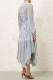 Elegant and Graceful Tie-up Neck Long Balloon Sleeve Handkerchief Midi Dress