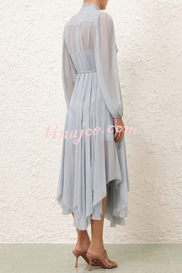 Elegant and Graceful Tie-up Neck Long Balloon Sleeve Handkerchief Midi Dress