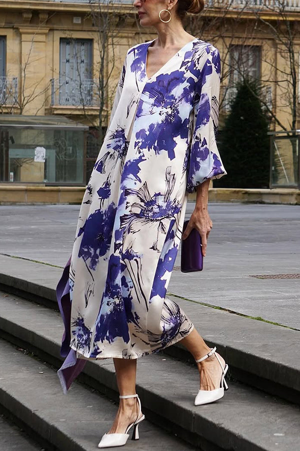 Satin Floral Print V-neck Casual Midi Dress