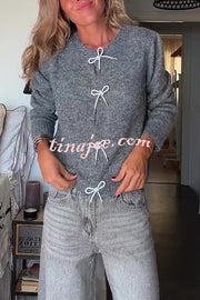 Paris Mornings Knit Front Bow Design Long Sleeve Relaxed Cardigan