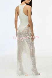Fashion Sequin Sleeveless Fitted Rompers and Holiday Slit Maxi Skirt Set