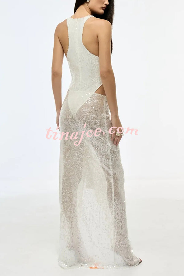 Fashion Sequin Sleeveless Fitted Rompers and Holiday Slit Maxi Skirt Set