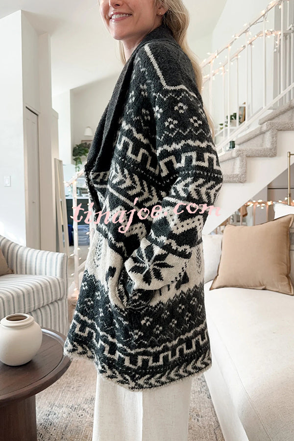 Winter Snowflake Waist Tie Lapel Midi Pocket Knit Cardigan