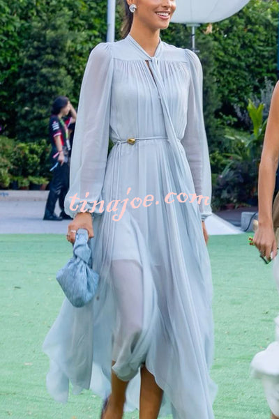 Elegant and Graceful Tie-up Neck Long Balloon Sleeve Handkerchief Midi Dress