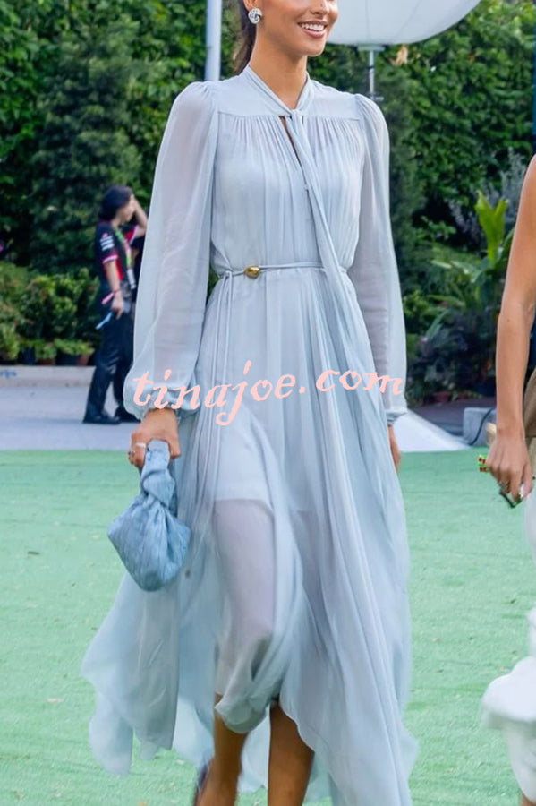 Elegant and Graceful Tie-up Neck Long Balloon Sleeve Handkerchief Midi Dress