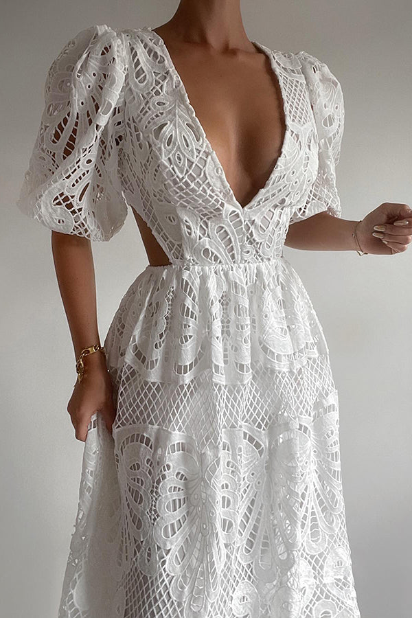 Solid Color V neck Hollow Lace Waistless Sexy Maxi Dress