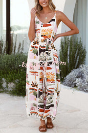 Unique Beach Vacation Print V-neck Suspenders Casual Wide-leg Jumpsuit