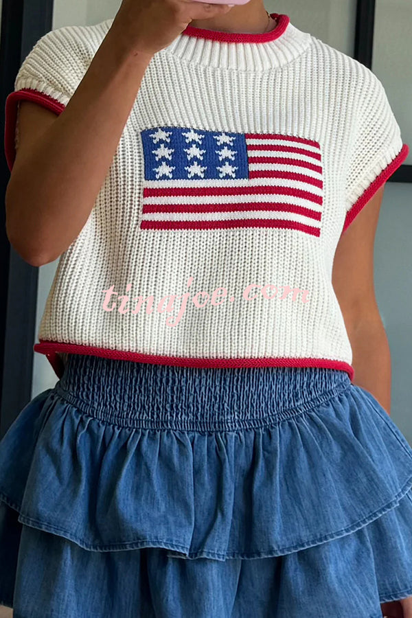 Independence Day Casual Crew Neck Short Sleeve Knit Sweater