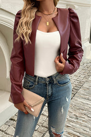 Yelissa Faux Leather Statement Long Sleeve Open Front Crop Jacket