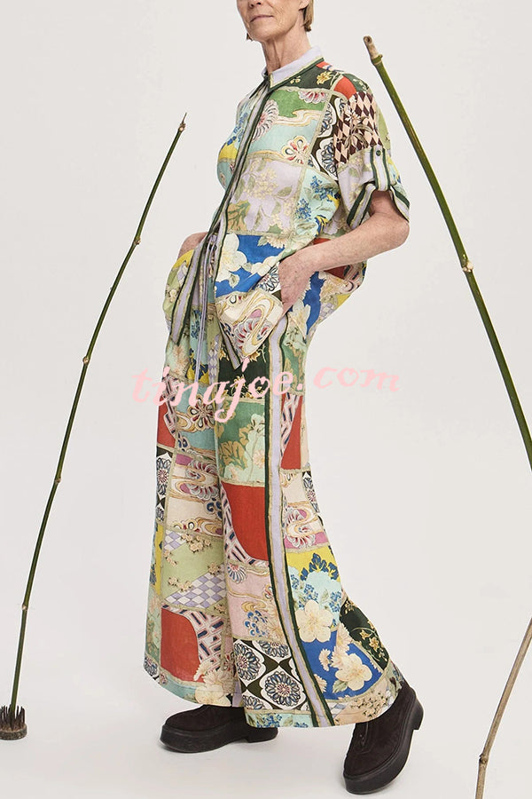 Linen Blend Lapel Short Sleeve Loose Top and Elastic Waist Casual Pocket Wide Leg Pants Set