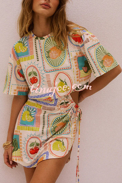Summer Fruit Print Short Sleeve Off-Waist Tie Mini Dress