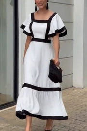 Fashionable Contrast Color Stitching Square Neck Ruffle Sleeves Maxi Dress