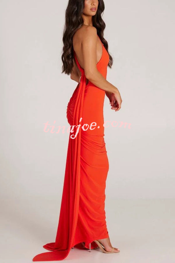 Sexy Backless Pleated Slim Solid Color Sleeveless Elegant Maxi Dress