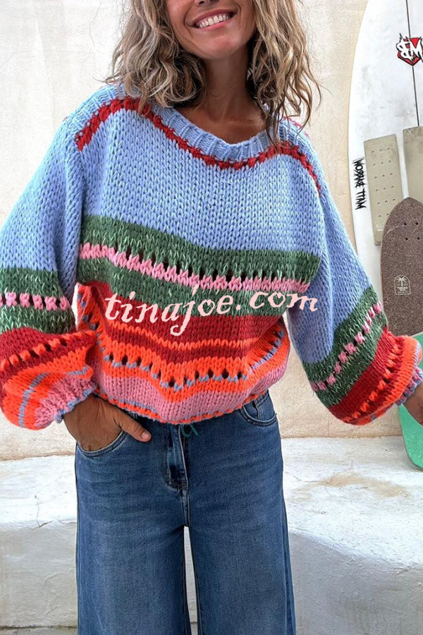 Rainbow Mood Multicolor Round Neck Hollow Long Sleeve Knitted Sweater