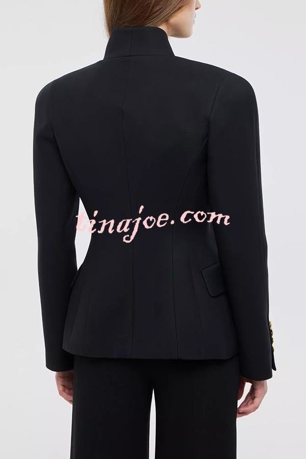 Classic Luxury Unique Metal Button Stand Collar Long Sleeve Blazer