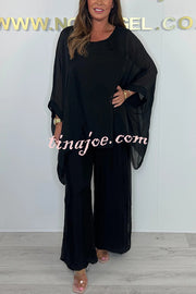 Solid Color Round Neck Loose Bat Sleeve Top and Elastic Waist Wide Leg Pants Set