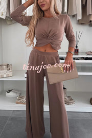 Solid Color Round Neck Long Sleeve Twist Crop Top and Elastic Waist Pocket Wide Leg Pants Set