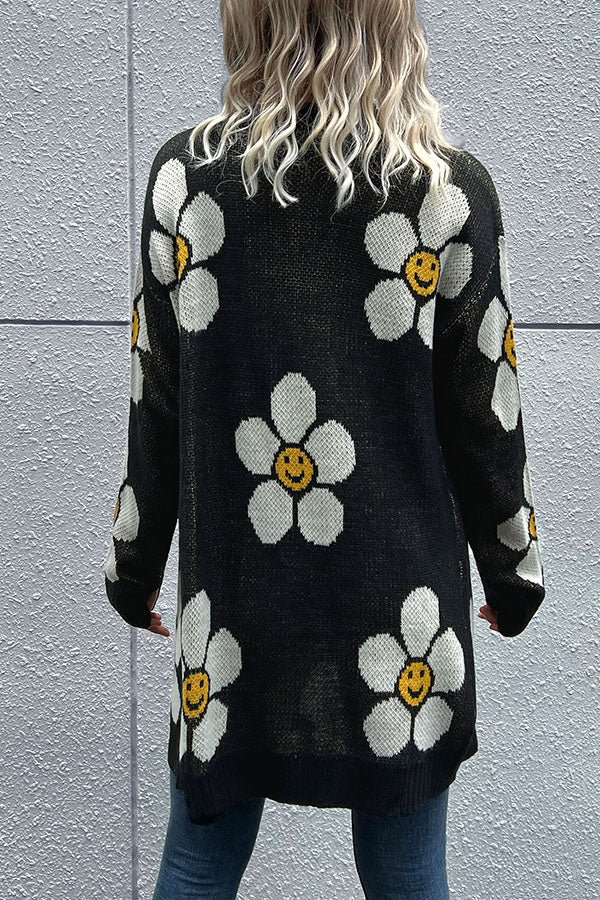 Smiley Floral Print Button Cardigan