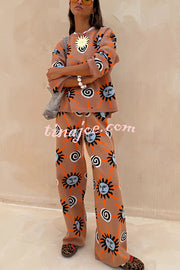 Mediterranean Art Knit Unique Sun Vortex Print Long Sleeve Relaxed Sweater