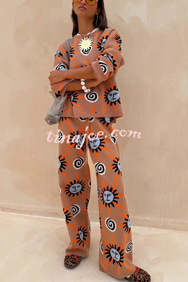 Mediterranean Art Knit Unique Sun Vortex Print Long Sleeve Relaxed Sweater