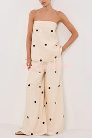 Linen Blend Polka Dot Bandeau Top and Elastic Waist Pocket Wide Leg Pants Set