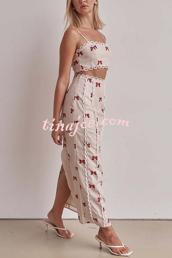 Rosa Linen Blend Bow Print Scallop Lace Trim Crop Tank and High Rise Slit Skirt Set