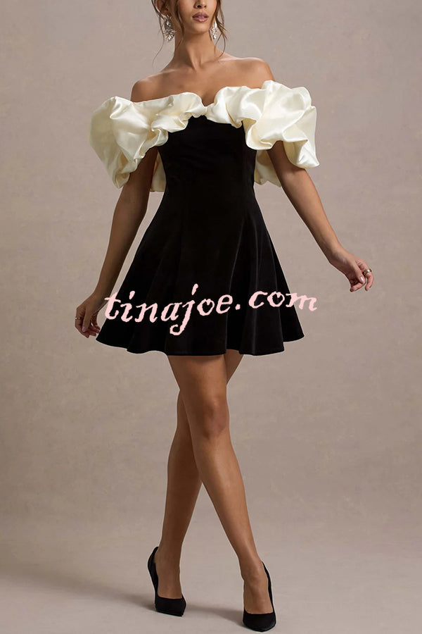 Brynne Satin Cloud Shape Puff Sleeve Velvet Stretch Mini Dress