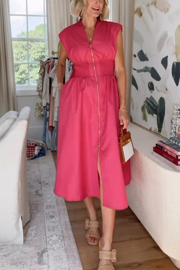 Workdays or Weekends Front Zipper Smocked Waist Pocket Loose Midi Dress