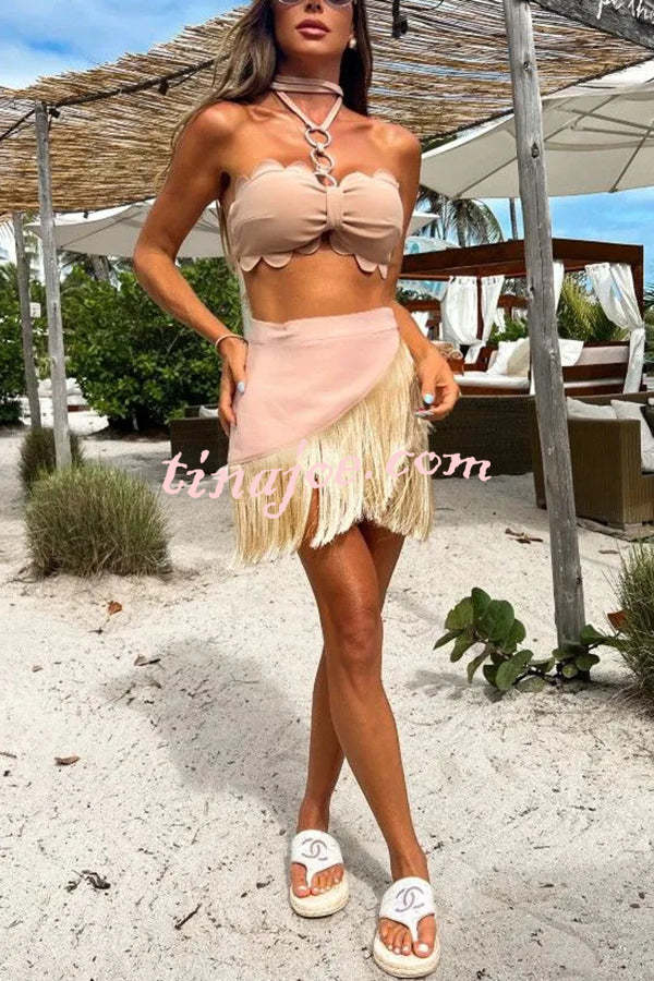 Solid Color Halter Neck Tassel Skirt Stretch Two-piece Bikini Swimsuit