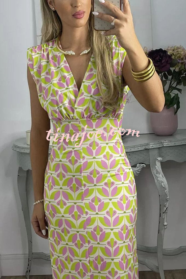 Forever Here Printed Padded Shoulder Front Center Slit Midi Dress