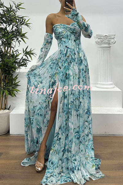 Reina Chiffon Floral Print Pleated Bodice Split Sleeve Strapless Slit Maxi Dress