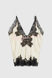 Party Focus Contrast Color Satin Lace Trim V-Neck Slip Tank