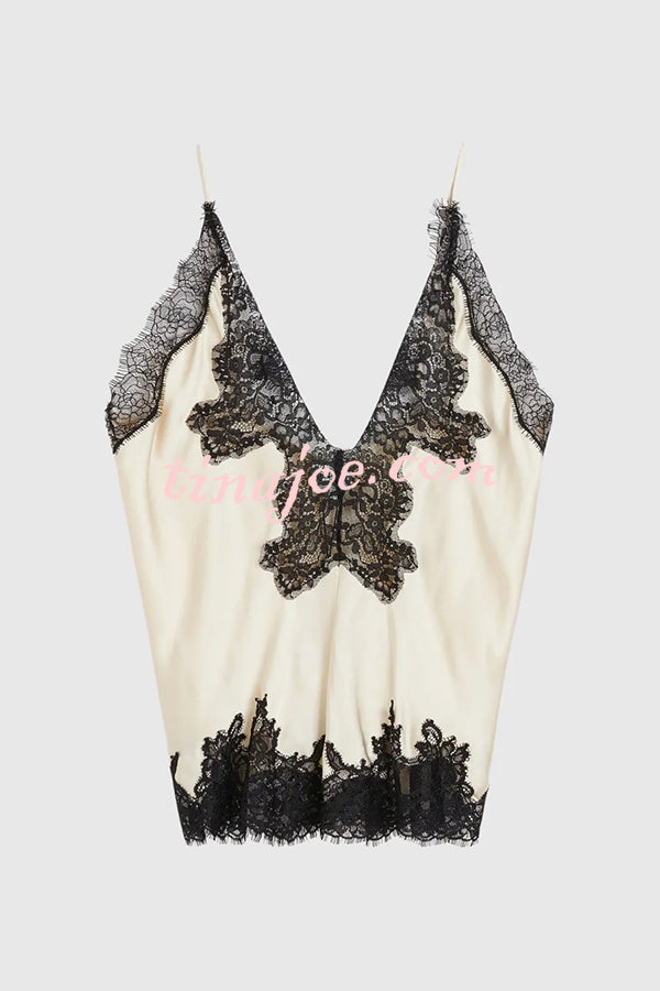 Party Focus Contrast Color Satin Lace Trim V-Neck Slip Tank