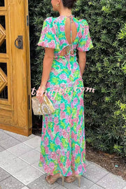 Floral Print V-neck Puff Sleeve Open-back Maxi Dress