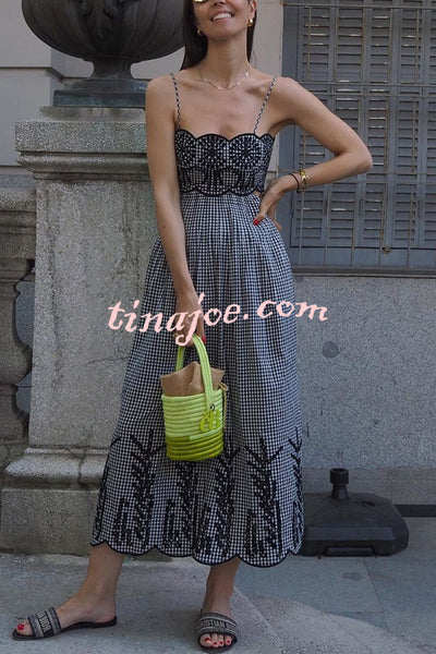 Wavy Edge Suspender Sexy Waist Hollow Midi Dress