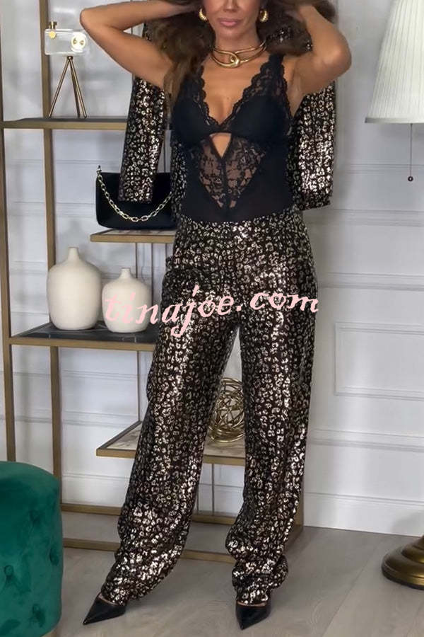 Mona Leopard Metallic Fabric Lapel Boyfriend Blazer and Elastic Waist Pocketed Loose Pants Set