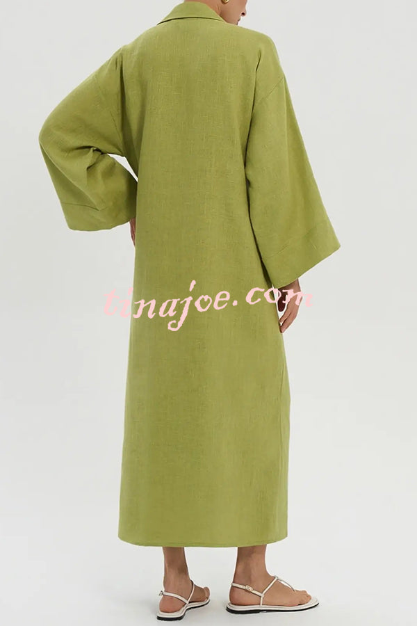 Linen Blend Solid Color Casual Lapel Tie Loose Maxi Dress
