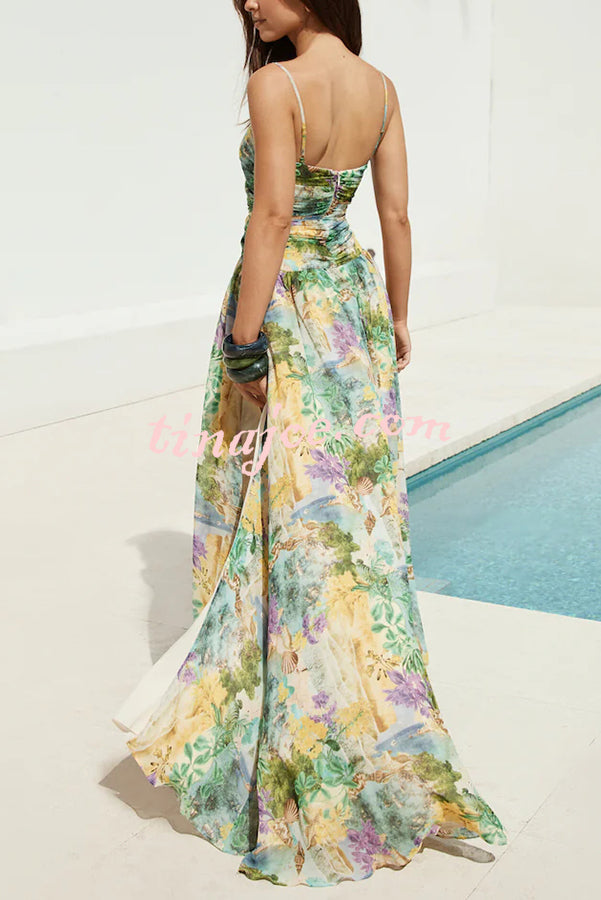 Resort Style Printed Starfish Brooch Cutout Ruched Slit Maxi Dress