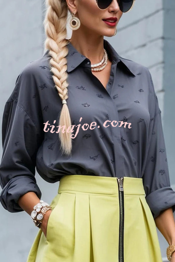 Effortless Charm Printed Button Down Long Sleeve Relaxed Blouse