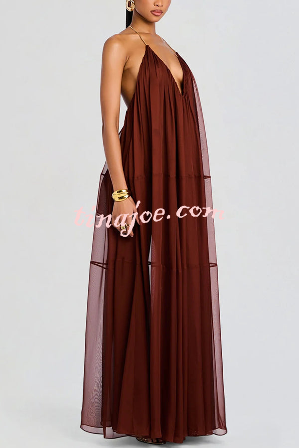 Flowing Lightweight Chiffon Chain Halter Neck Detail Backless A-line Maxi Dress